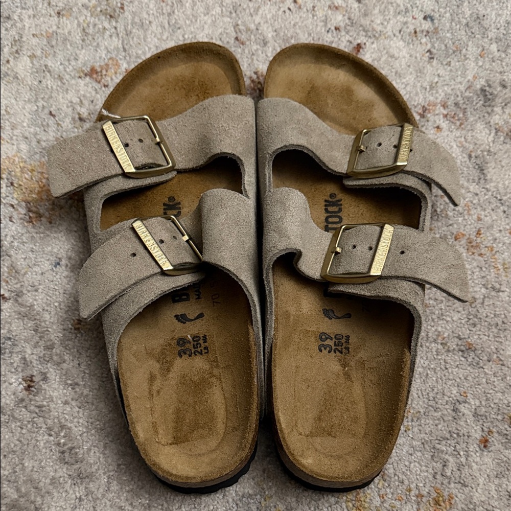 Birkenstock Beige Suede Sandals with Gold Buckles